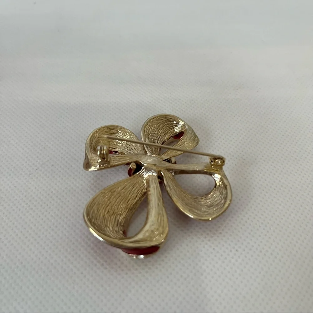 Vintage Roman Red Gold Crystal Bow Brooch Christmas